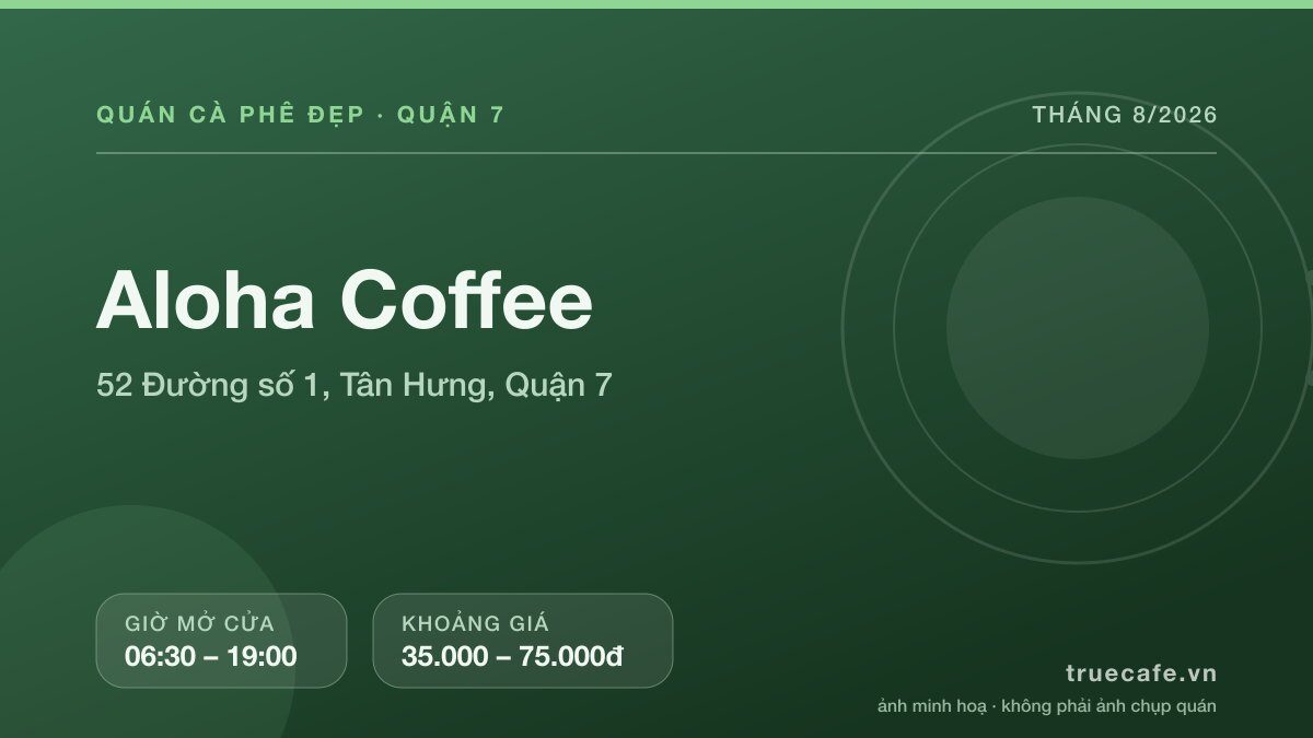 Card thông tin quán cà phê Aloha Coffee tại 52 Đường số 1, Tân Hưng, Quận 7, mở cửa 06:30 – 19:00, khoảng giá 35.000 – 75.000đ Card thông tin quán cà phê Aloha Coffee tại 52 Đường số 1, Tân Hưng, Quận 7, mở cửa 06:30 – 19:00, khoảng giá 35.000 – 75.000đ