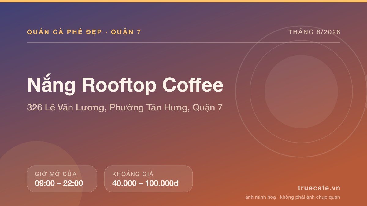 Card thông tin quán cà phê Nắng Rooftop Coffee tại 326 Lê Văn Lương, Phường Tân Hưng, Quận 7, mở cửa 09:00 – 22:00, khoảng giá 40.000 – 100.000đ Card thông tin quán cà phê Nắng Rooftop Coffee tại 326 Lê Văn Lương, Phường Tân Hưng, Quận 7, mở cửa 09:00 – 22:00, khoảng giá 40.000 – 100.000đ