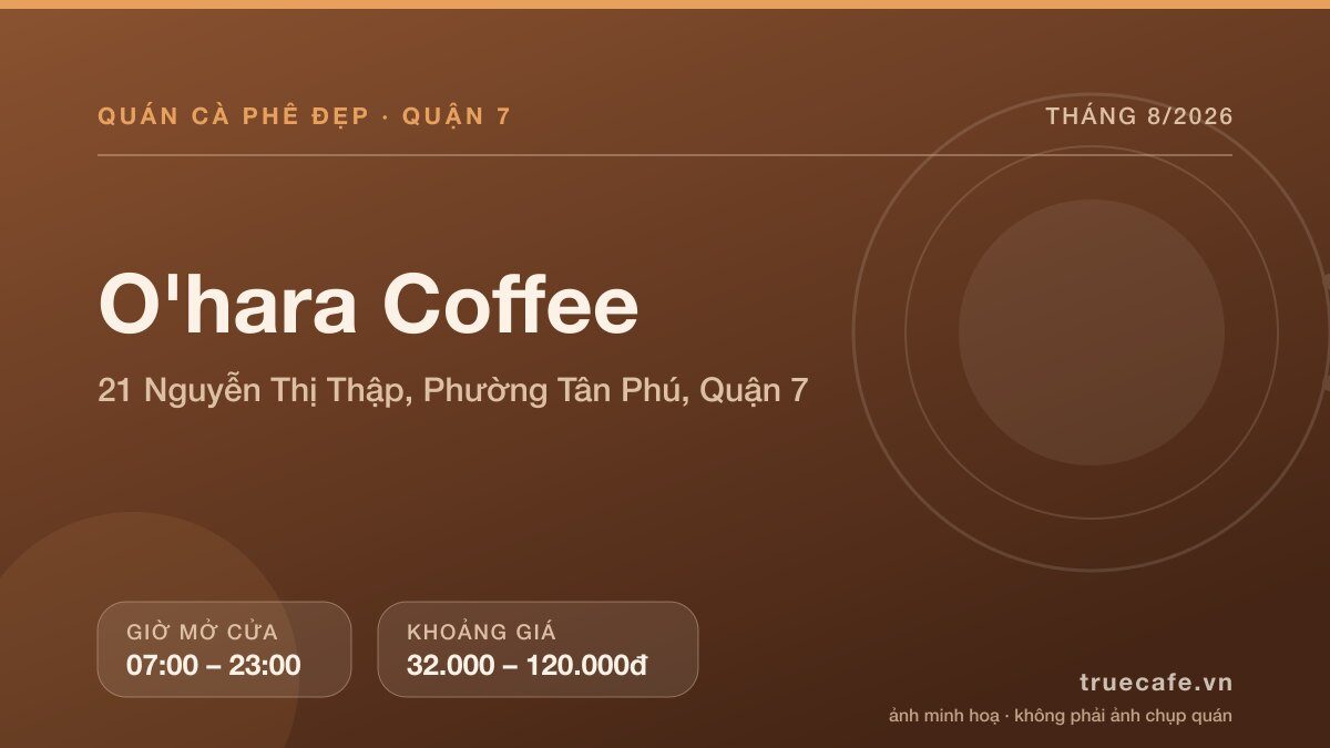 Card thông tin quán cà phê O Card thông tin quán cà phê O'hara Coffee tại 21 Nguyễn Thị Thập, Phường Tân Phú, Quận 7, mở cửa 07:00 – 23:00, khoảng giá 32.000 – 120.000đ