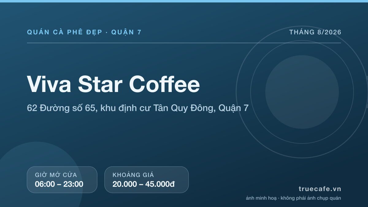Card thông tin quán cà phê Viva Star Coffee tại 62 Đường số 65, khu định cư Tân Quy Đông, Quận 7, mở cửa 06:00 – 23:00, khoảng giá 20.000 – 45.000đ Card thông tin quán cà phê Viva Star Coffee tại 62 Đường số 65, khu định cư Tân Quy Đông, Quận 7, mở cửa 06:00 – 23:00, khoảng giá 20.000 – 45.000đ