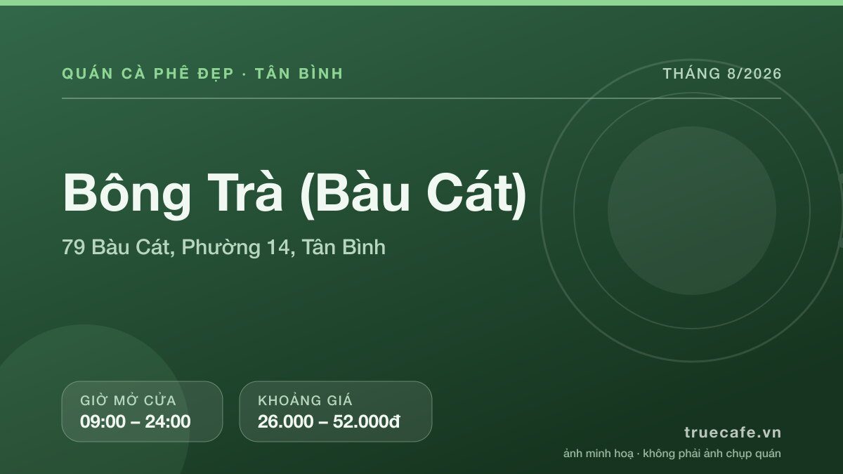 Card thông tin quán cà phê Bông Trà (Bàu Cát) tại 79 Bàu Cát, Phường 14, Tân Bình, mở cửa 09:00 – 24:00, khoảng giá 26.000 – 52.000đ Card thông tin quán cà phê Bông Trà (Bàu Cát) tại 79 Bàu Cát, Phường 14, Tân Bình, mở cửa 09:00 – 24:00, khoảng giá 26.000 – 52.000đ