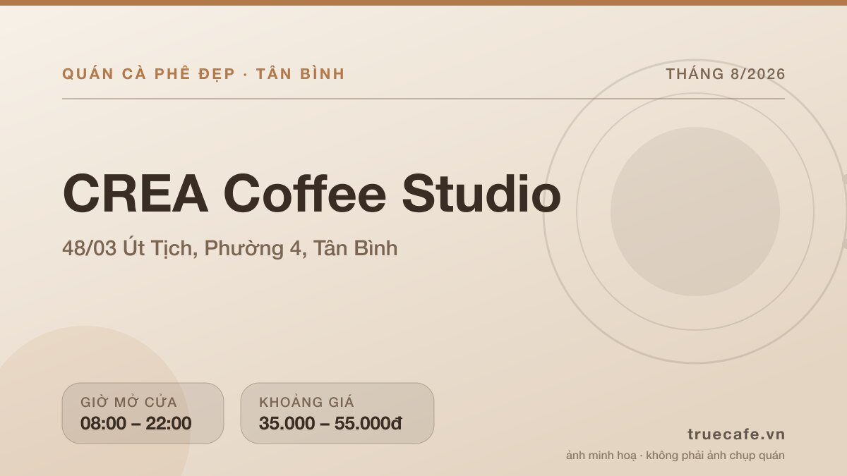 Card thông tin quán cà phê CREA Coffee Studio tại 48/03 Út Tịch, Phường 4, Tân Bình, mở cửa 08:00 – 22:00, khoảng giá 35.000 – 55.000đ Card thông tin quán cà phê CREA Coffee Studio tại 48/03 Út Tịch, Phường 4, Tân Bình, mở cửa 08:00 – 22:00, khoảng giá 35.000 – 55.000đ