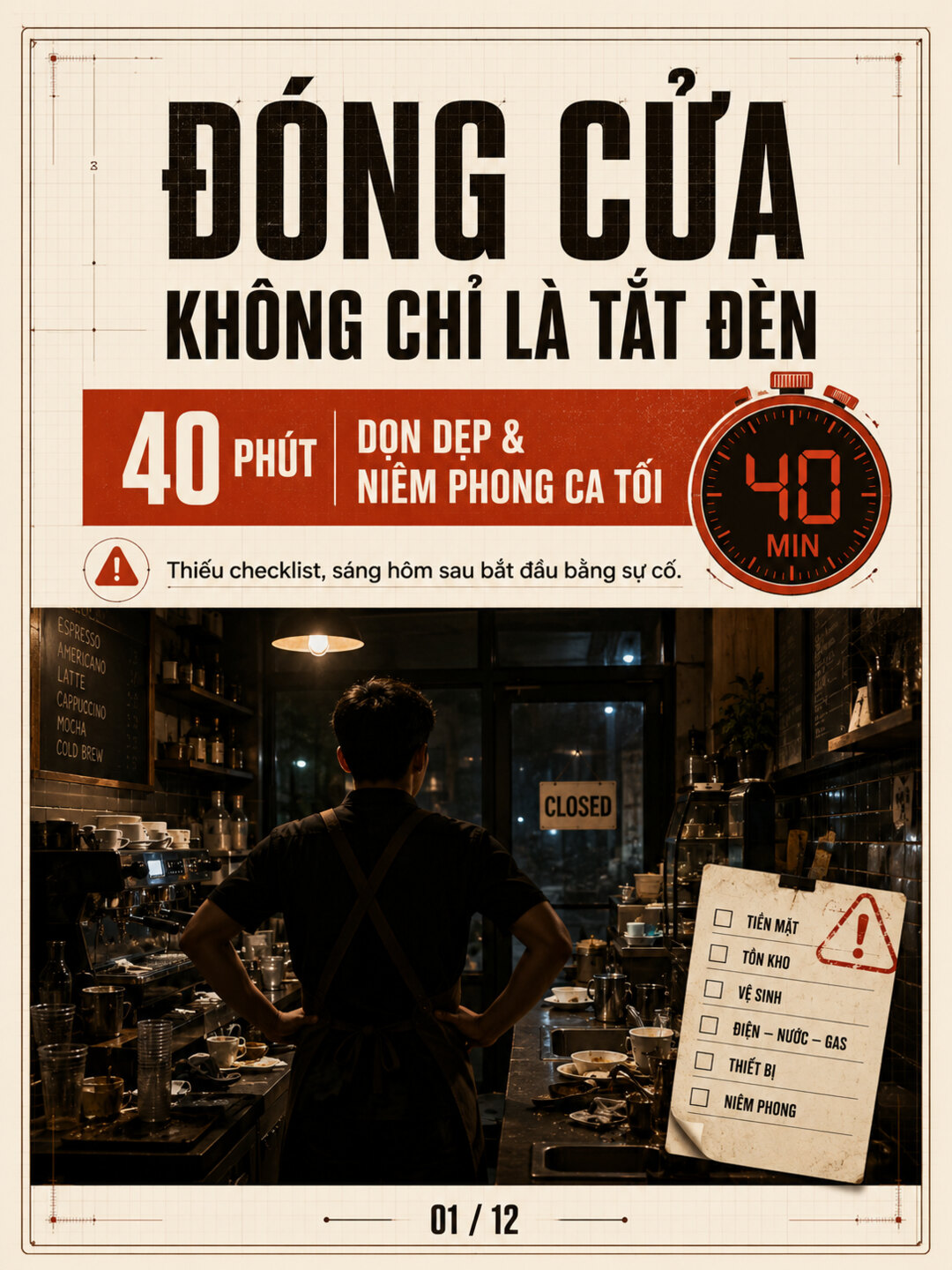 Nhân viên đứng nhìn quầy pha chế bừa bộn cuối ngày, bên cạnh là checklist đóng ca sáu hạng mục