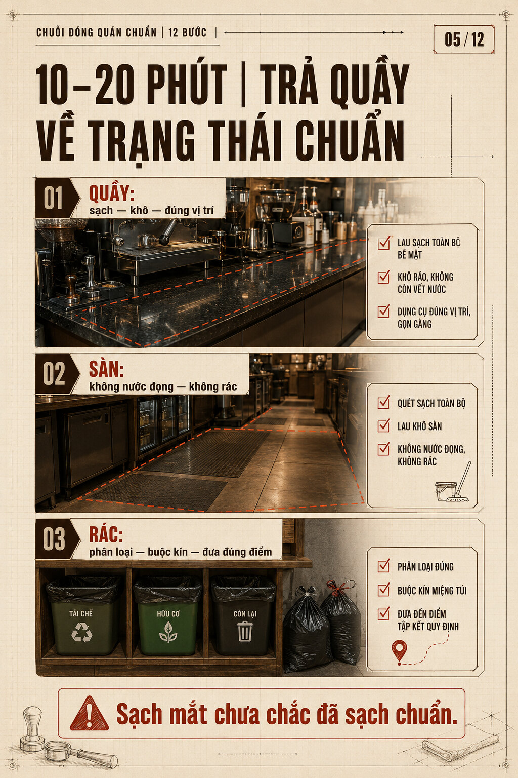 Ba khu vực cần trả về trạng thái chuẩn cuối ca: mặt quầy, sàn khu pha chế và khu tập kết rác phân loại Ba khu vực cần trả về trạng thái chuẩn cuối ca: mặt quầy, sàn khu pha chế và khu tập kết rác phân loại