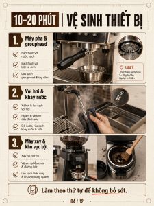 Vệ sinh máy pha và máy xay cà phê cuối ca