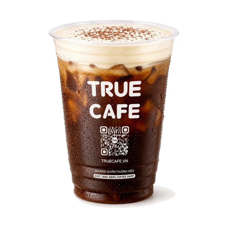 Ly Cà Phê Muối True Cafe với lớp kem muối trắng phủ trên cà phê đen đá, rắc bột cacao