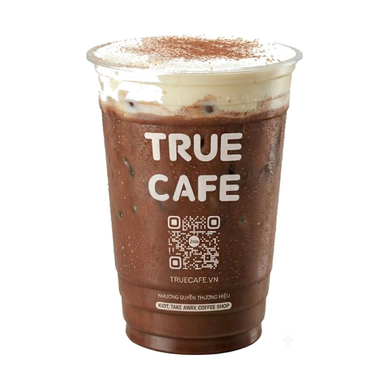 Ly Cacao Kem Muối True Cafe với lớp kem muối phủ trên nền cacao đá, rắc bột cacao