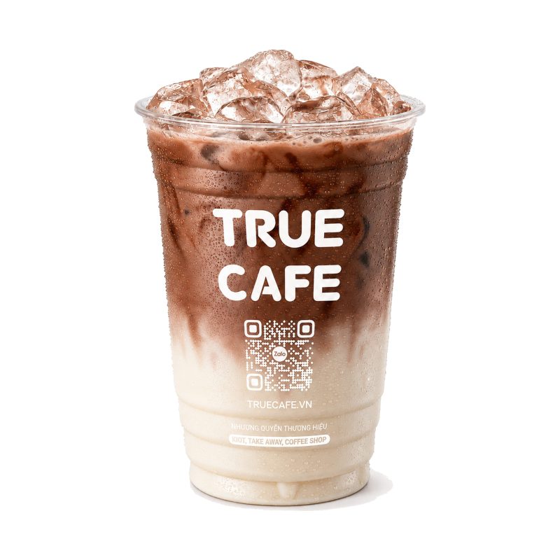Ly Cacao Sữa Đá True Cafe mang đi, lớp cacao đậm nằm trên lớp sữa trắng