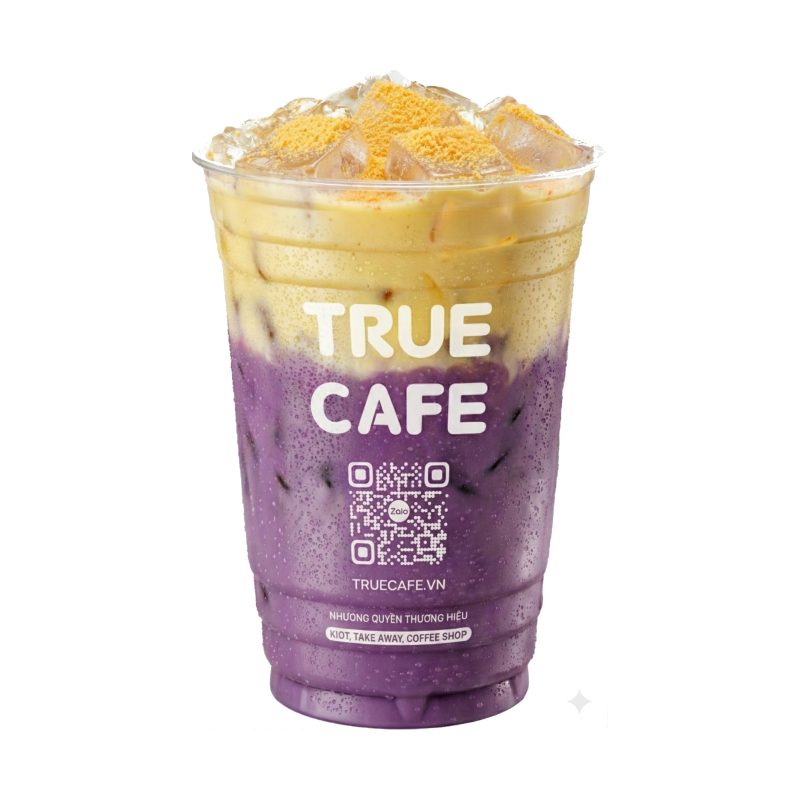 Ly Khoai Môn Trứng Muối True Cafe hai tầng, nền khoai môn tím và lớp sốt trứng muối vàng phía trên
