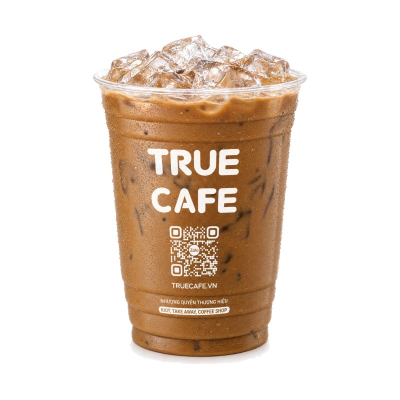 Ly Nâu Đá True Cafe, cà phê sữa đã khuấy đều màu nâu cánh gián, nhiều đá