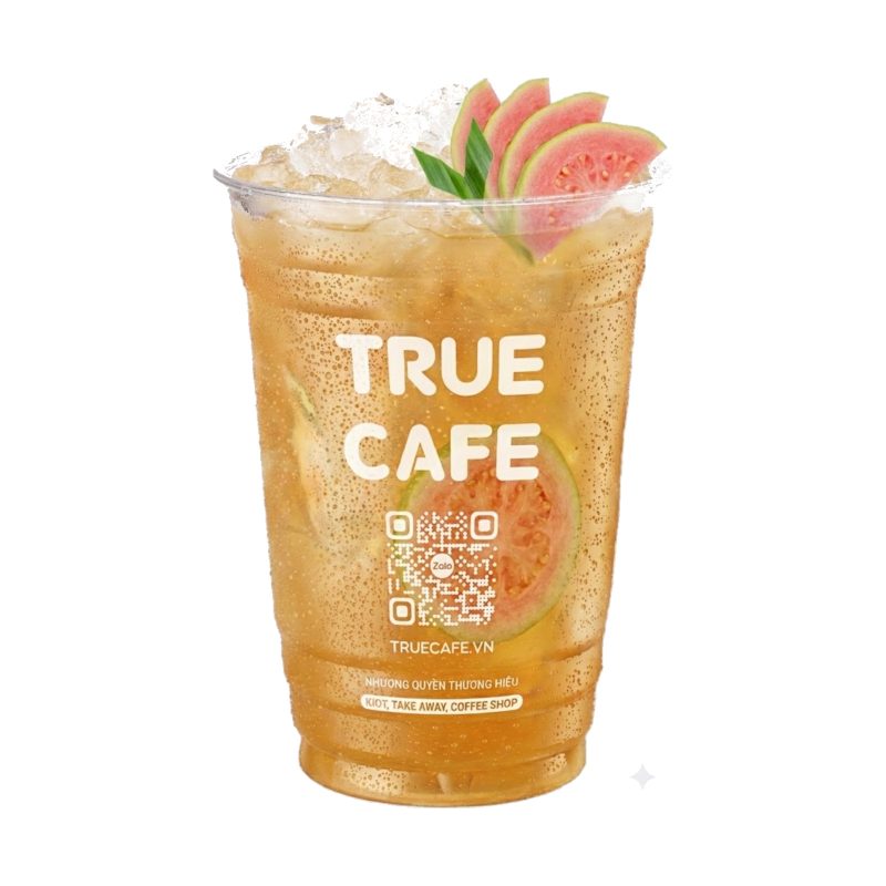 Ly Trà Ổi Hồng True Cafe với lát ổi ruột hồng và lá dứa trong ly